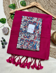 Magenta pink cotton saree with Kalamkari printed blouse - Cotton Dori