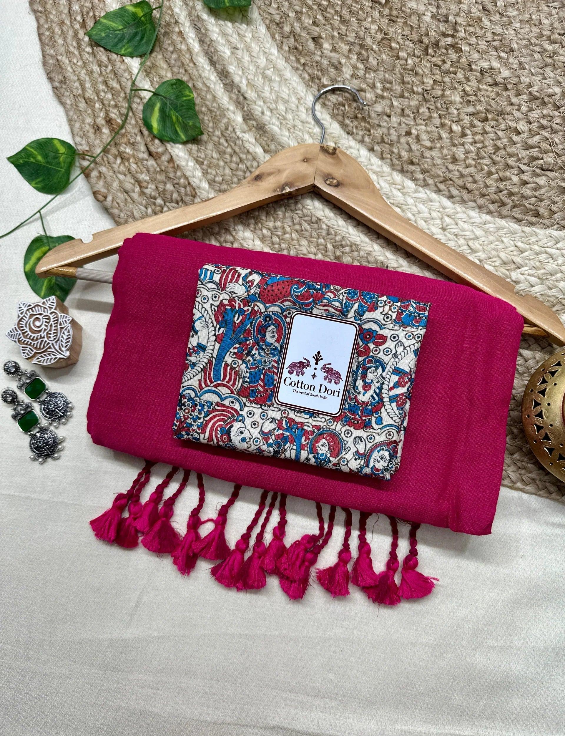 Magenta pink cotton saree with Kalamkari printed blouse - Cotton Dori