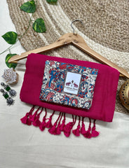 Magenta pink cotton saree with Kalamkari printed blouse - Cotton Dori