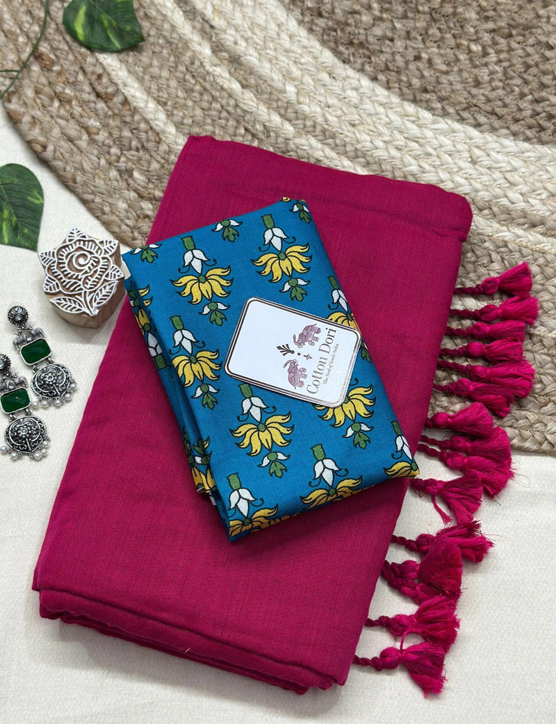 Rani pink cotton handloom saree with sea blue printed blouse - Cotton Dori