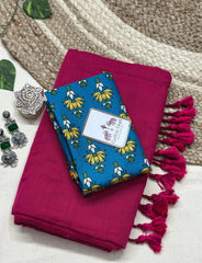 Rani pink cotton handloom saree with sea blue printed blouse - Cotton Dori