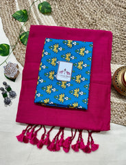 Rani pink cotton handloom saree with sea blue printed blouse - Cotton Dori