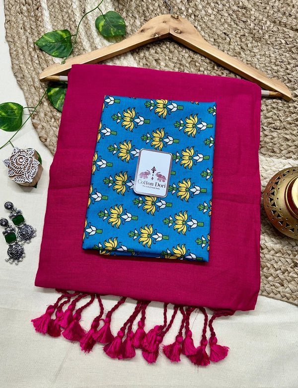 Rani pink cotton handloom saree with sea blue printed blouse - Cotton Dori