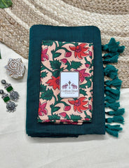 Rama green cotton handloom saree with flower printed blouse - Cotton Dori