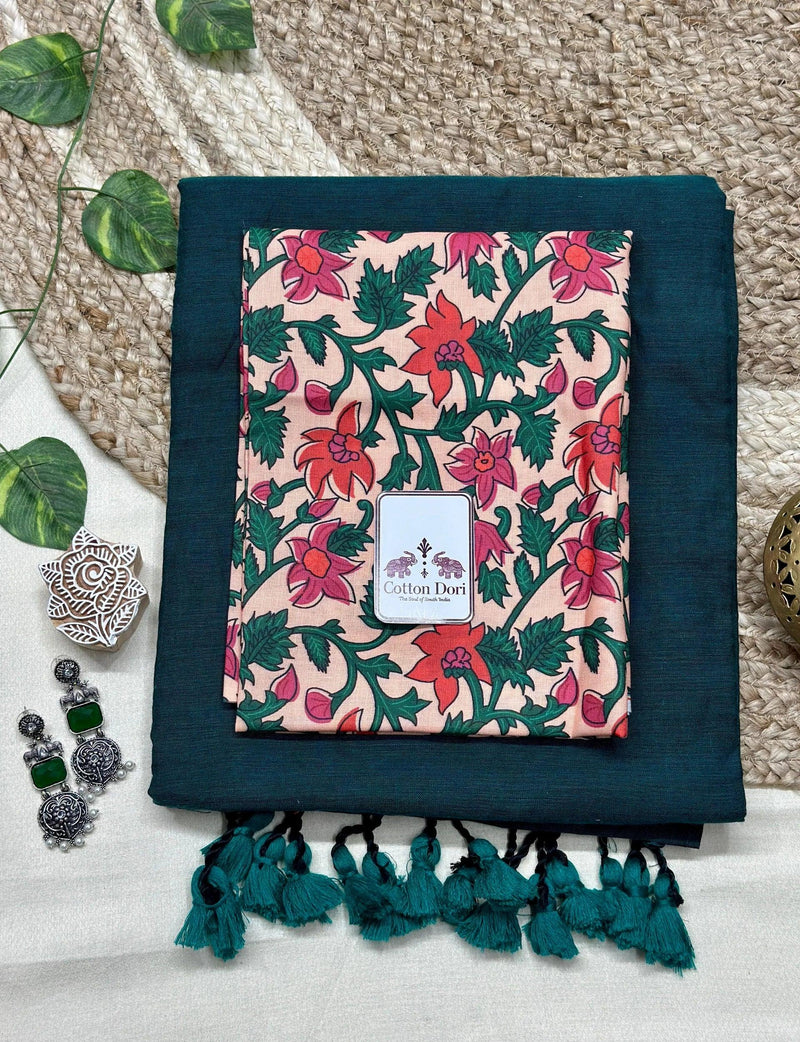 Rama green cotton handloom saree with flower printed blouse - Cotton Dori