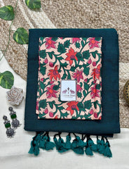 Rama green cotton handloom saree with flower printed blouse - Cotton Dori