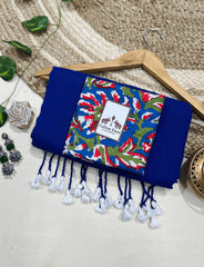 Premium Handloom Cotton Saree - Dark blue cotton handloom saree with stunning printed blouse - Cotton Dori