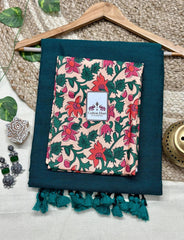 Rama green cotton handloom saree with flower printed blouse - Cotton Dori