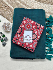Deep rama green saree with red printed blouse - Cotton Dori