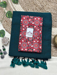 Deep rama green saree with red printed blouse - Cotton Dori