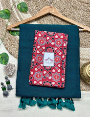 Deep rama green saree with red printed blouse - Cotton Dori