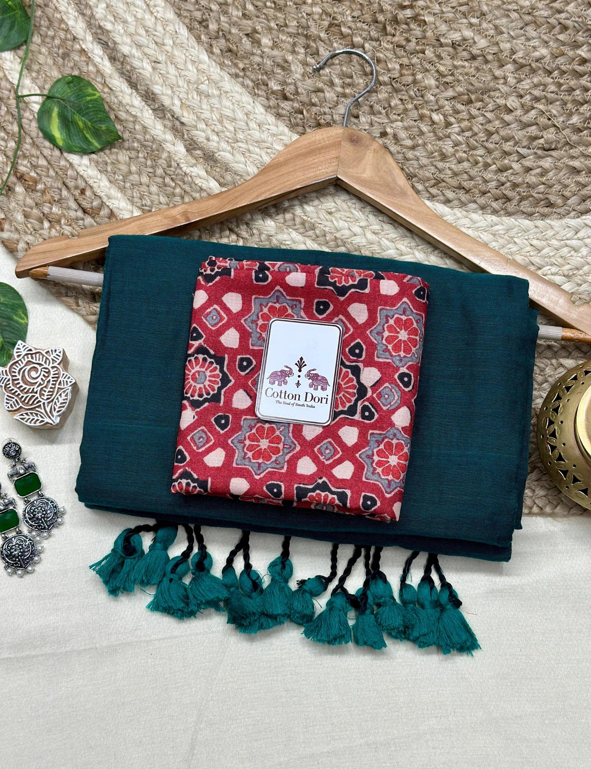 Deep rama green saree with red printed blouse - Cotton Dori