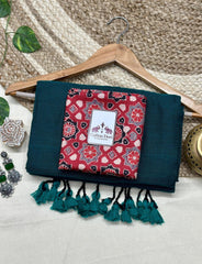 Deep rama green saree with red printed blouse - Cotton Dori