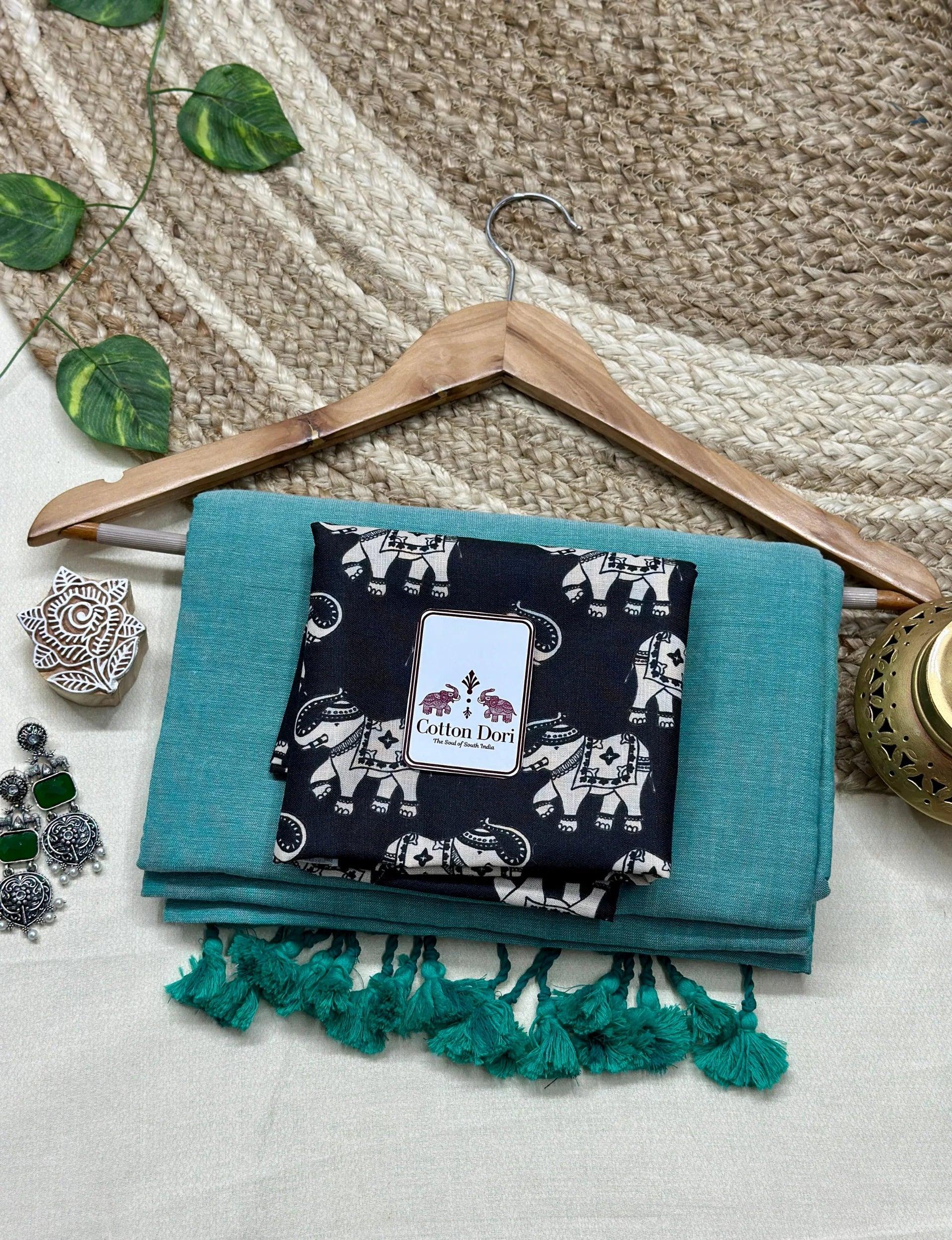 Sky blue saree with black elephant printed blouse - Cotton Dori