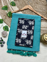 Sky blue saree with black elephant printed blouse - Cotton Dori