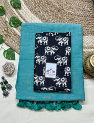 Sky blue saree with black elephant printed blouse - Cotton Dori