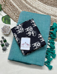 Sky blue saree with black elephant printed blouse - Cotton Dori