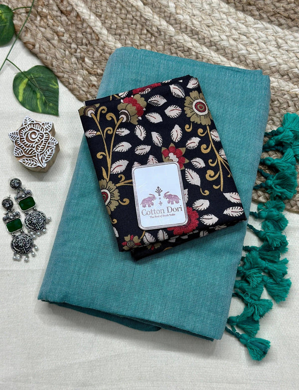 Beautiful sky blue cotton handloom saree with black floral printed blouse - Cotton Dori