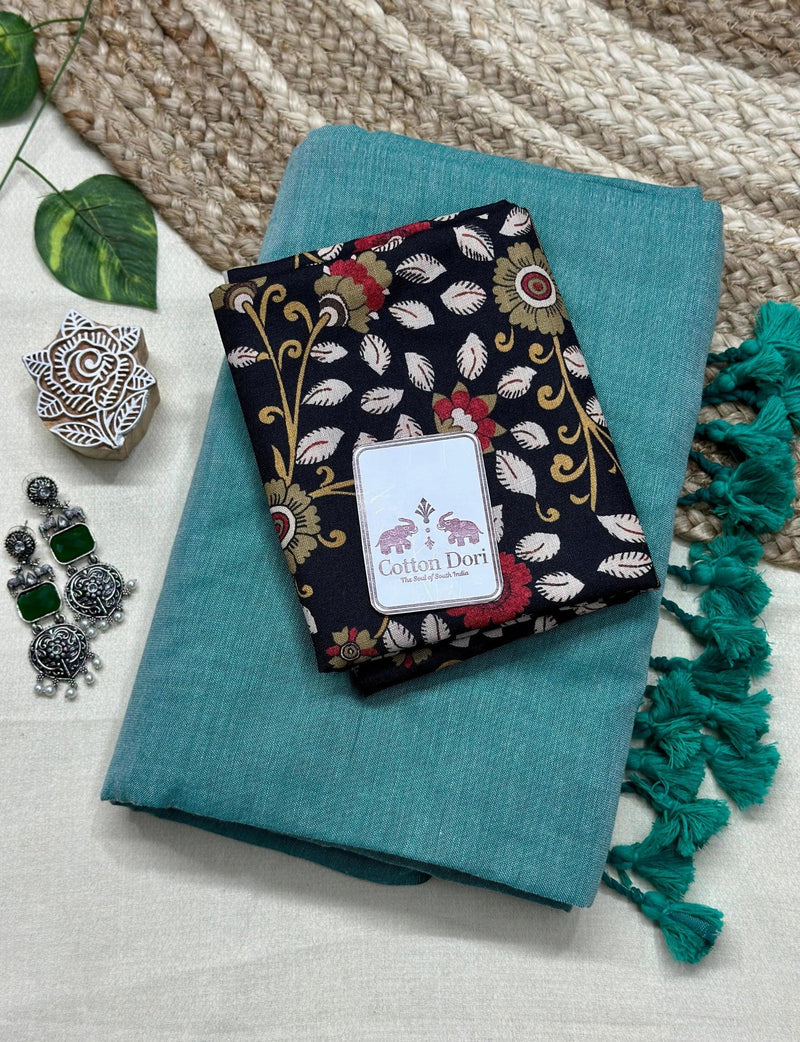 Beautiful sky blue cotton handloom saree with black floral printed blouse - Cotton Dori
