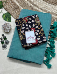 Beautiful sky blue cotton handloom saree with black floral printed blouse - Cotton Dori
