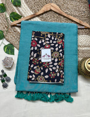 Beautiful sky blue cotton handloom saree with black floral printed blouse - Cotton Dori