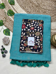 Beautiful sky blue cotton handloom saree with black floral printed blouse - Cotton Dori