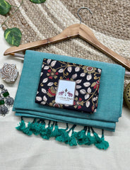 Beautiful sky blue cotton handloom saree with black floral printed blouse - Cotton Dori