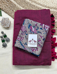 pure cotton handloom purple saree with grey printed blouse - Cotton Dori