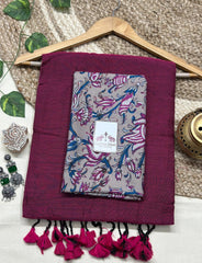 pure cotton handloom purple saree with grey printed blouse - Cotton Dori