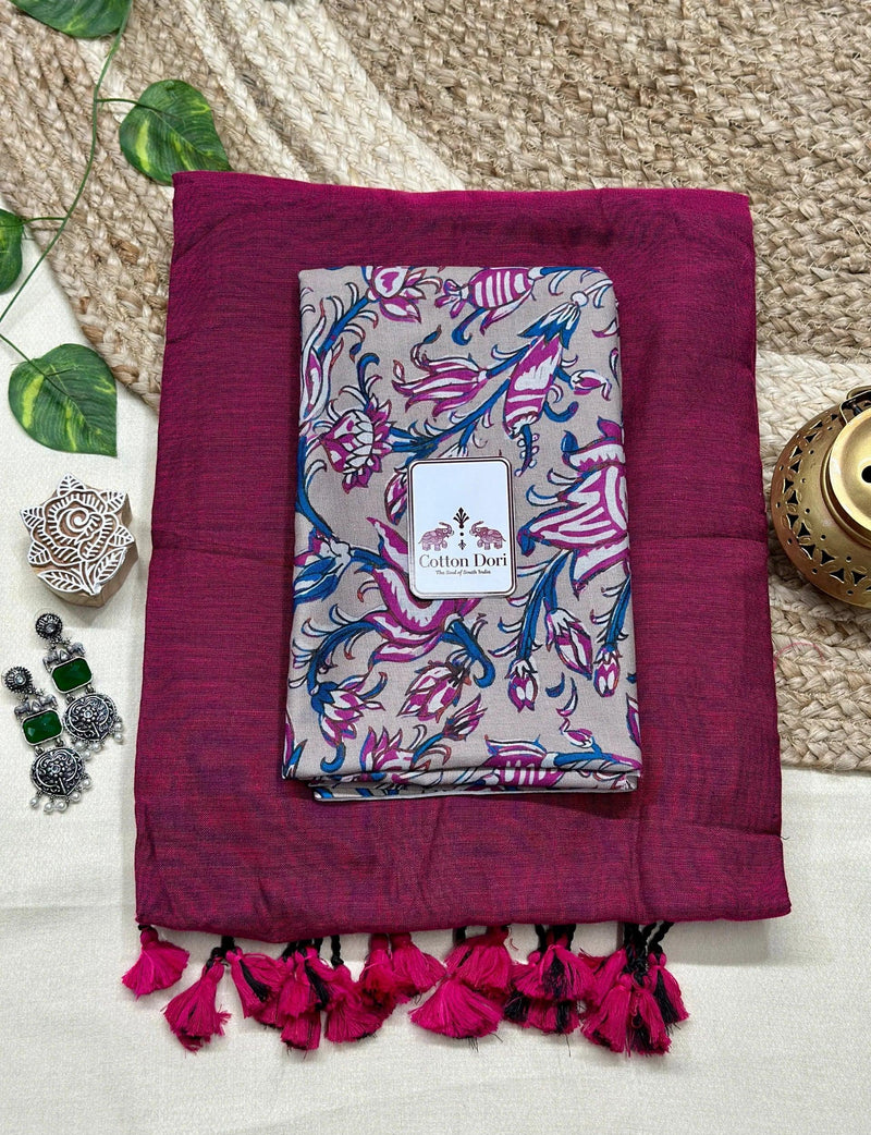 pure cotton handloom purple saree with grey printed blouse - Cotton Dori