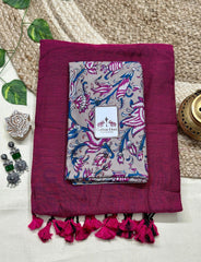 pure cotton handloom purple saree with grey printed blouse - Cotton Dori