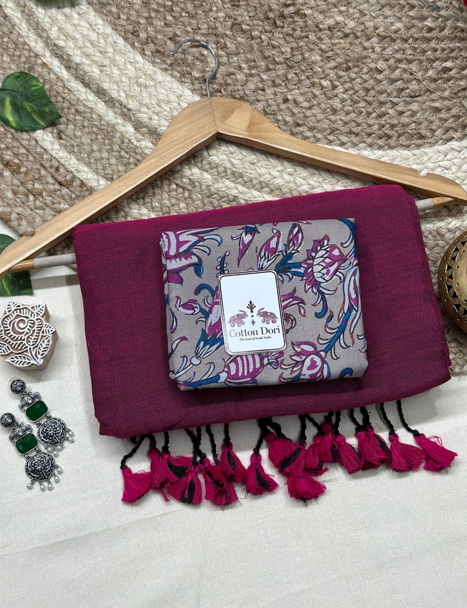 pure cotton handloom purple saree with grey printed blouse - Cotton Dori