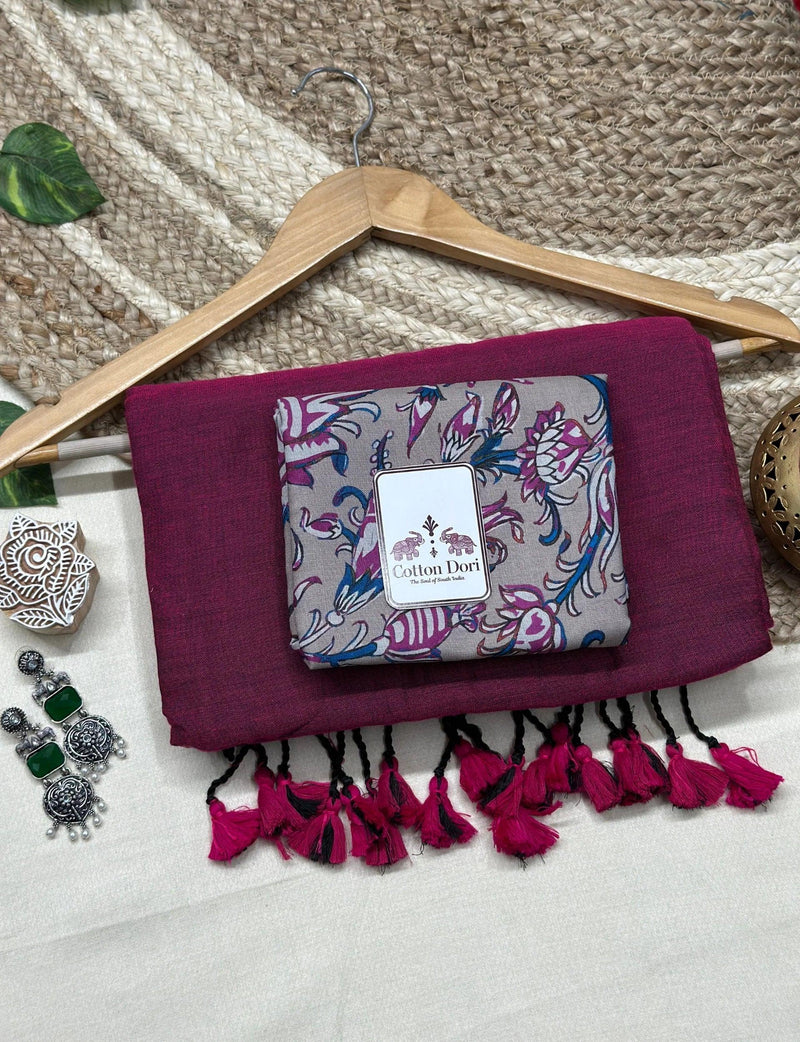 pure cotton handloom purple saree with grey printed blouse - Cotton Dori