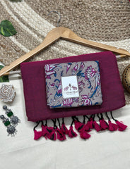 pure cotton handloom purple saree with grey printed blouse - Cotton Dori