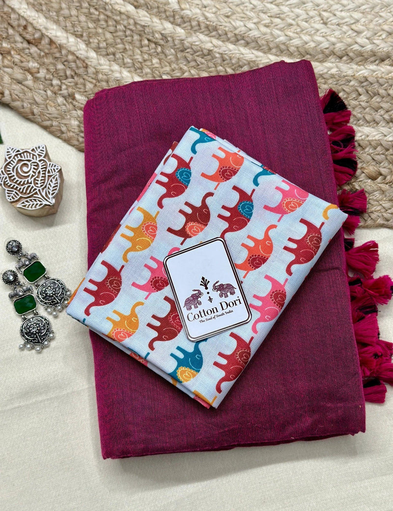 Georgeous purple cotton handloom saree with white elephant printed blouse