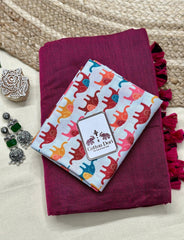 Georgeous purple cotton handloom saree with white elephant printed blouse - Cotton Dori