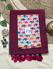 Georgeous purple cotton handloom saree with white elephant printed blouse - Cotton Dori