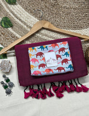 Georgeous purple cotton handloom saree with white elephant printed blouse - Cotton Dori