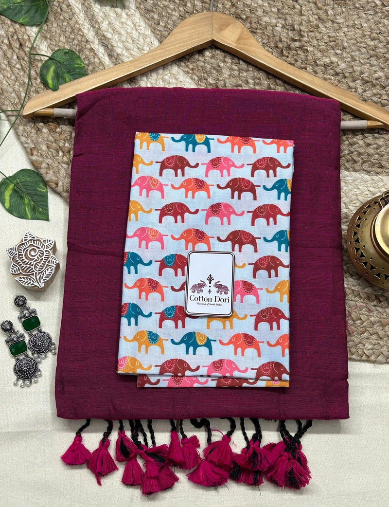 Georgeous purple cotton handloom saree with white elephant printed blouse - Cotton Dori