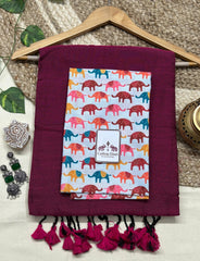 Georgeous purple cotton handloom saree with white elephant printed blouse - Cotton Dori