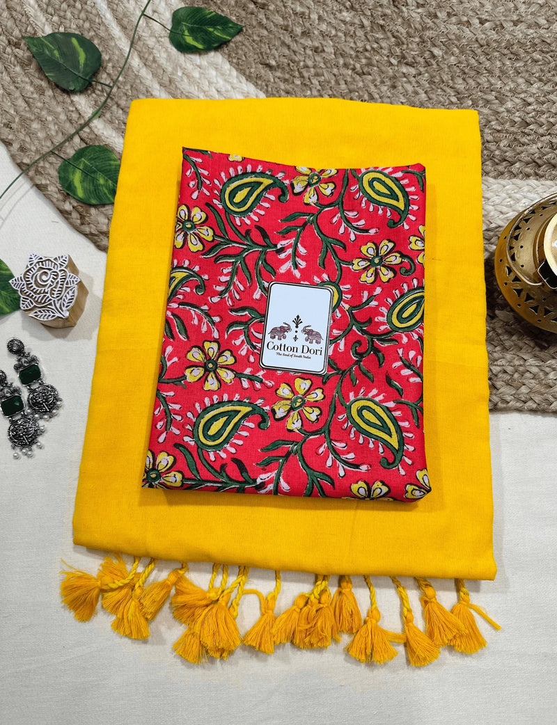 Premium Handloom Cotton Saree - Marigold yellow cotton saree with red printed blouse - Cotton Dori