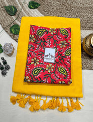 Premium Handloom Cotton Saree - Marigold yellow cotton saree with red printed blouse - Cotton Dori