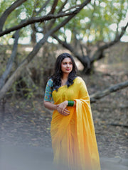 Gorgeous Yellow cotton handloom saree with printed blouse