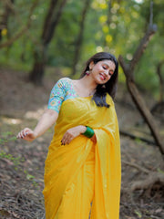 Gorgeous Yellow cotton handloom saree with printed blouse