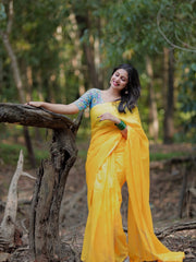Gorgeous Yellow cotton handloom saree with printed blouse