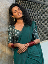 Graceful Handloom Cotton Saree -  Deep Green Cotton Saree with Flower Designer Blouse