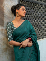 Graceful Handloom Cotton Saree -  Deep Green Cotton Saree with Flower Designer Blouse