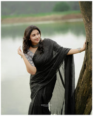 Pure Cotton Black Handloom Saree With Beautiful Printed Blouse