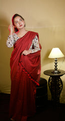 Wine cotton handloom saree with floral printed blouse - Cotton Dori