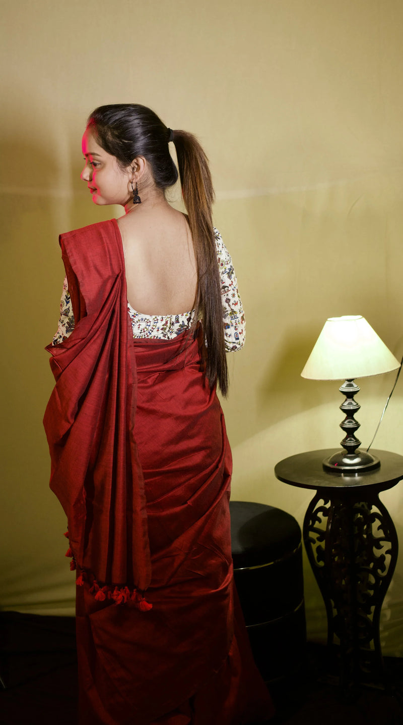 Wine cotton handloom saree with floral printed blouse - Cotton Dori